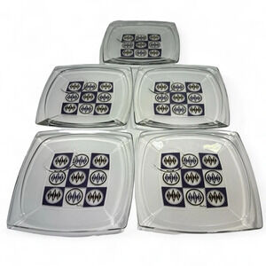 VTG Purple Gold MCM Checker Print Set of 5 Gay Fad Square Plates with Cup Ledge